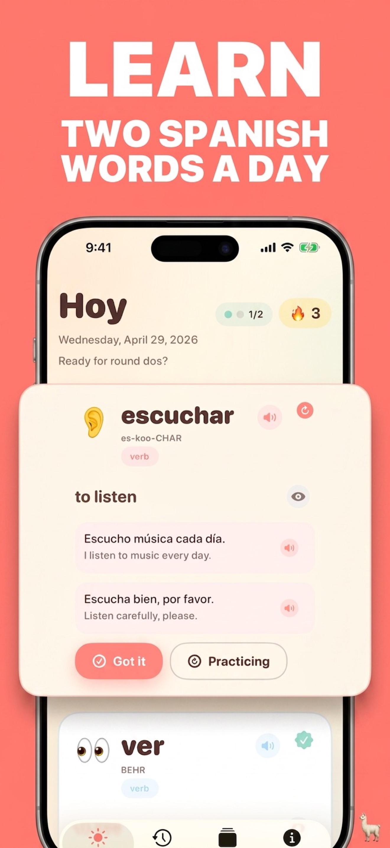 The learn screen showing the word escuchar